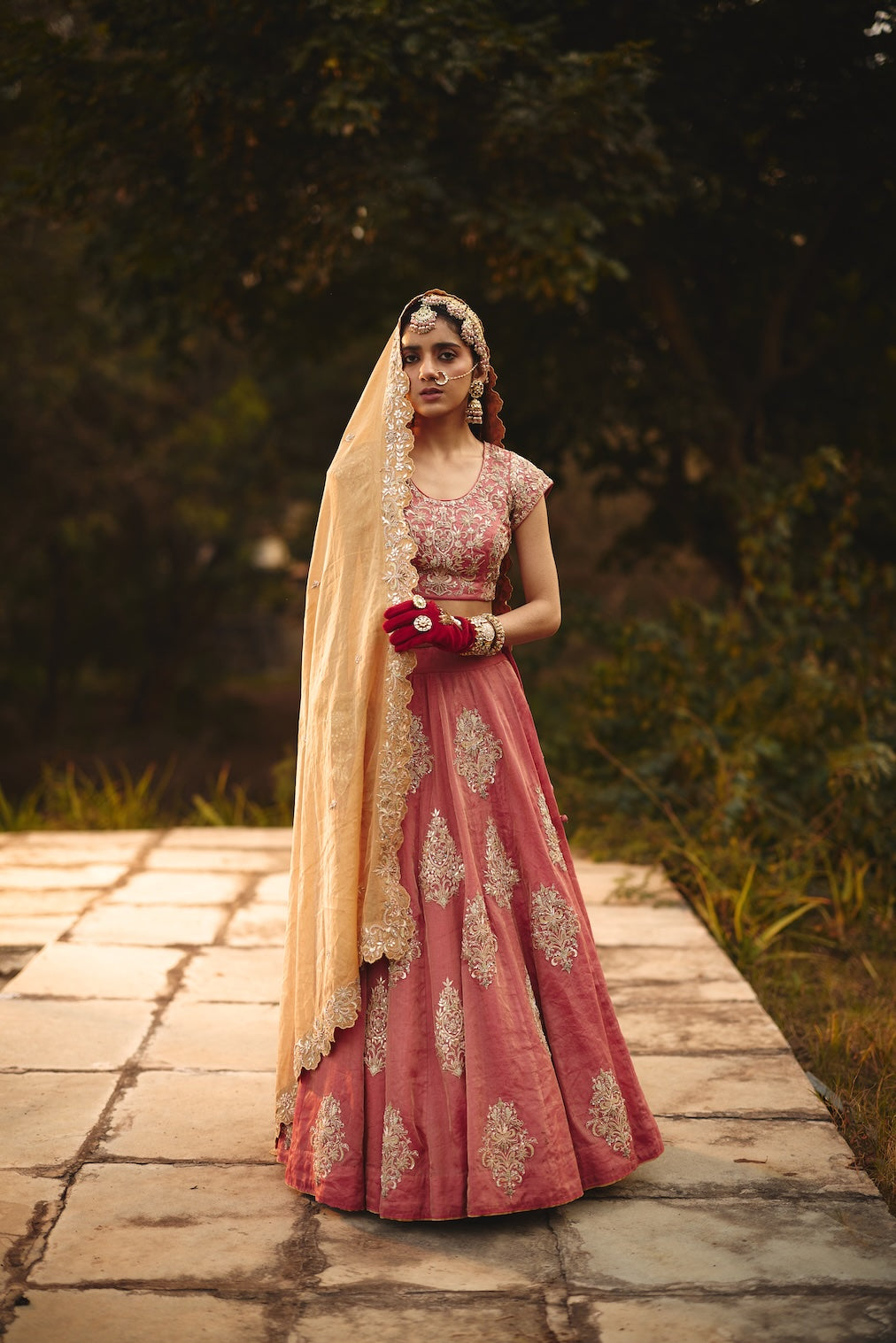 ZAIRA gold tissue dupatta with floral motifs by Rashika Mittal - front view