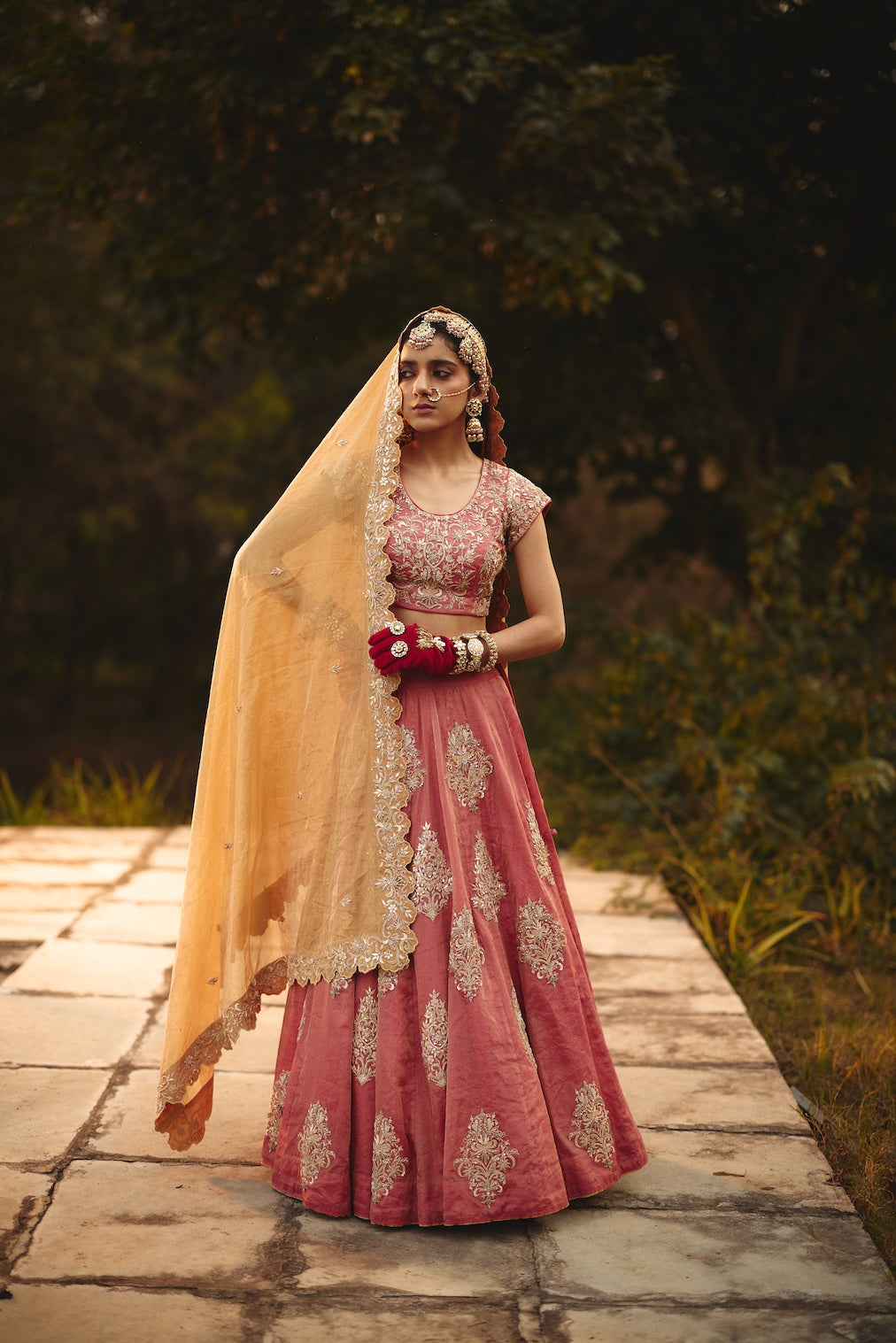 ZAIRA gold tissue dupatta with floral motifs by Rashika Mittal - close-up detail