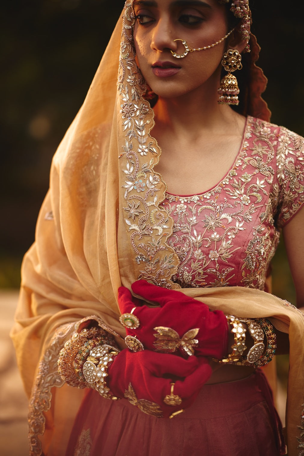 ZAIRA gold tissue dupatta with floral motifs by Rashika Mittal - styled look