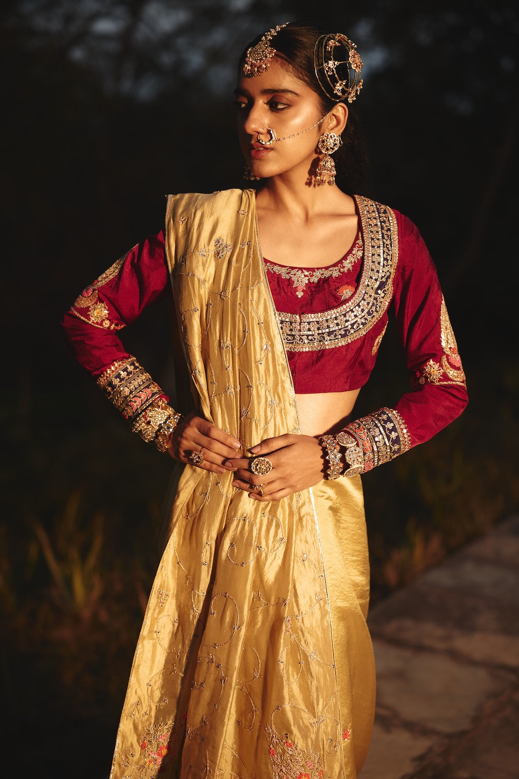 ZEHRAAT wine silk saree with floral motifs by Rashika Mittal - fabric detail