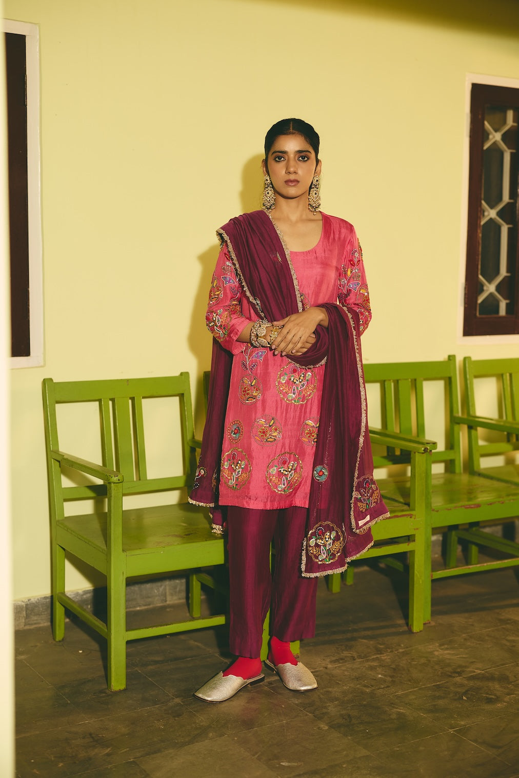 GULROOH plum chanderi dupatta with circular motifs by Rashika Mittal - back view