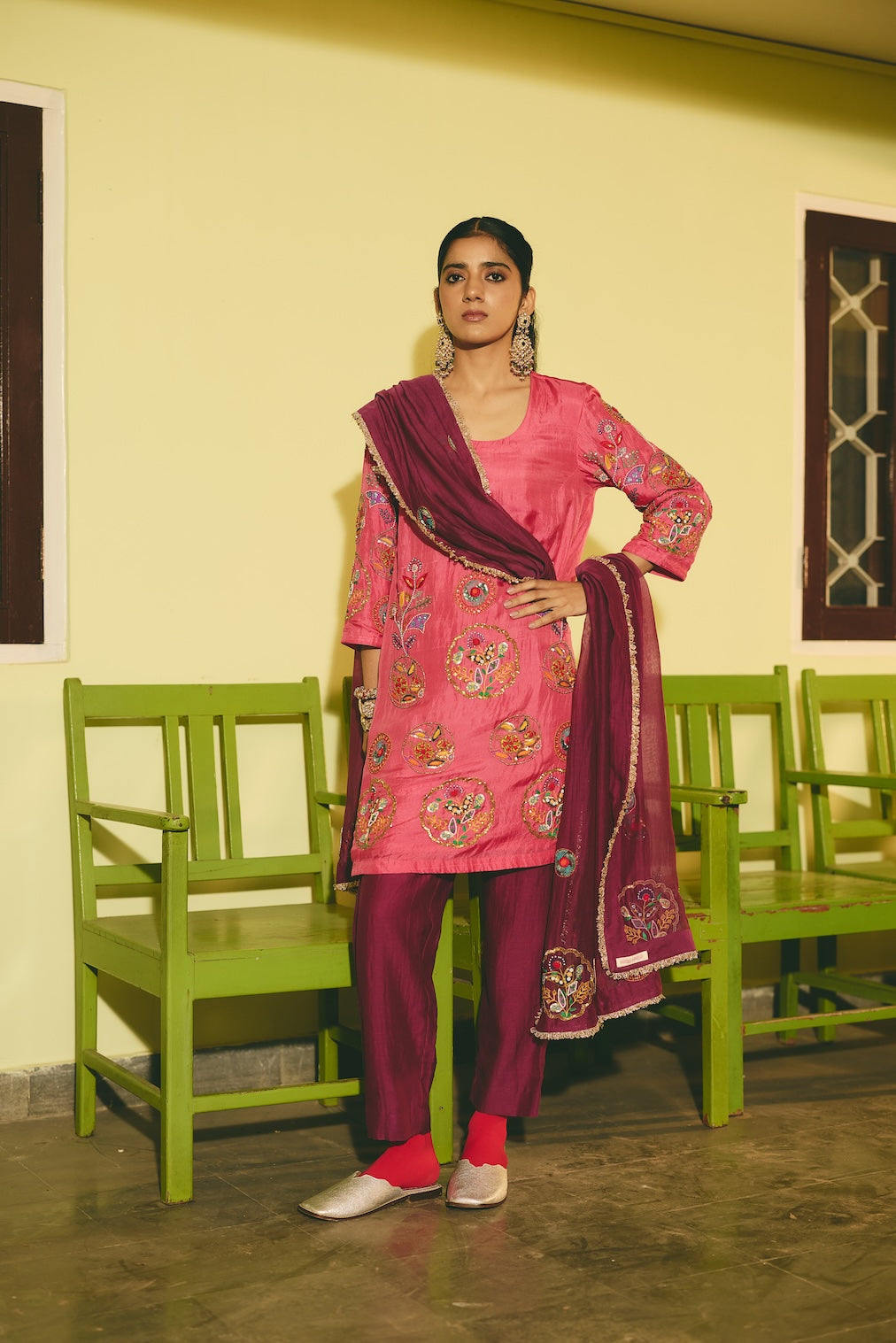 RANGTARA & JAMUNI pink silk kurta set with circular motifs by Rashika Mittal - styled look