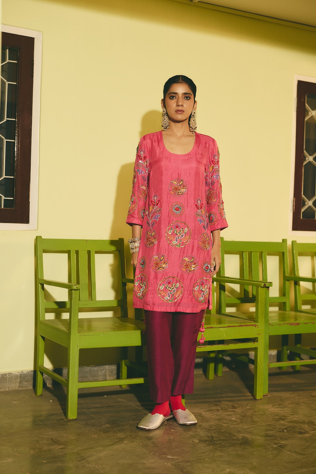 RANGTARA & JAMUNI pink silk kurta set with circular motifs by Rashika Mittal - front view