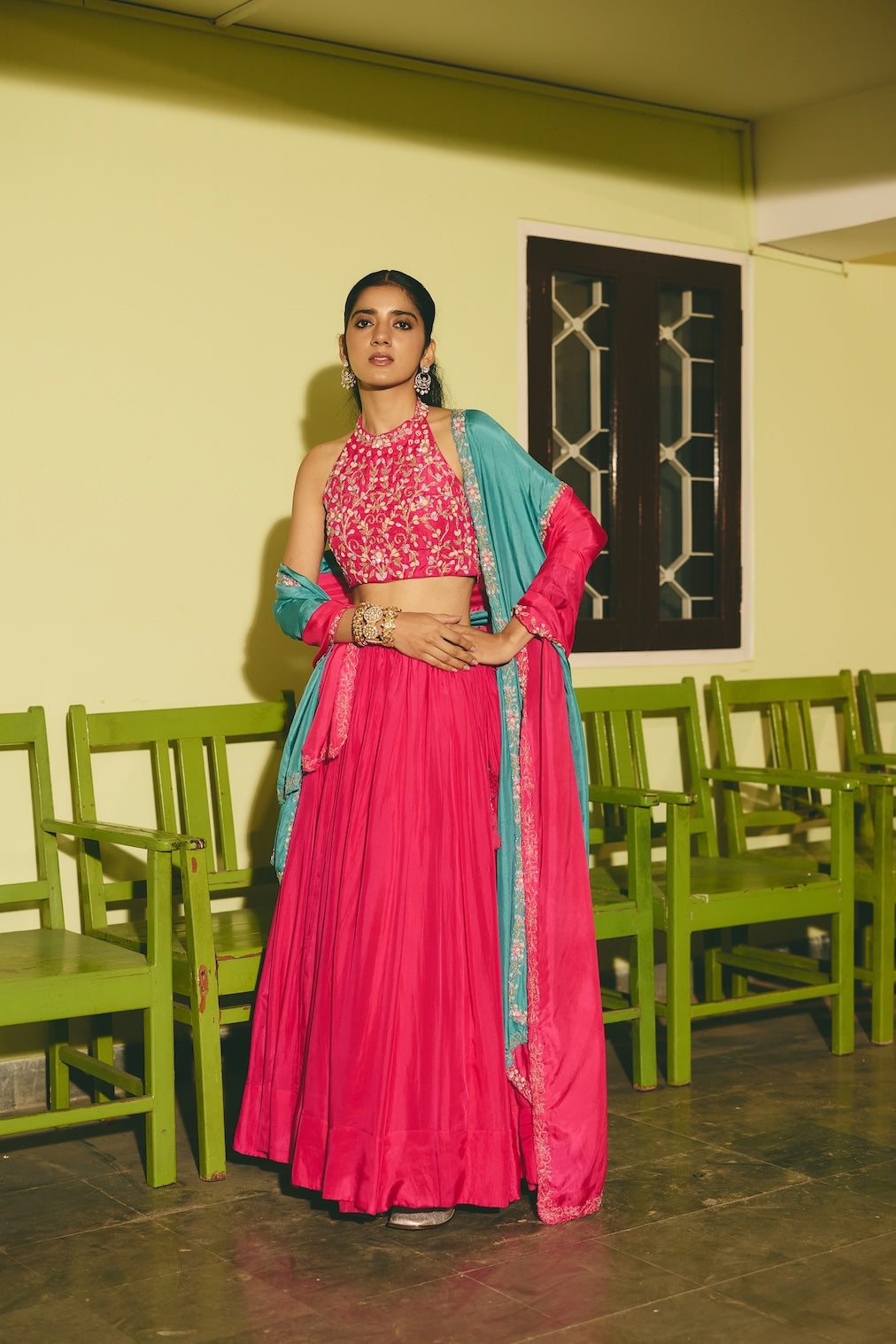 PHOOJHARI rani pink silk dupatta with floral motifs by Rashika Mittal - front view