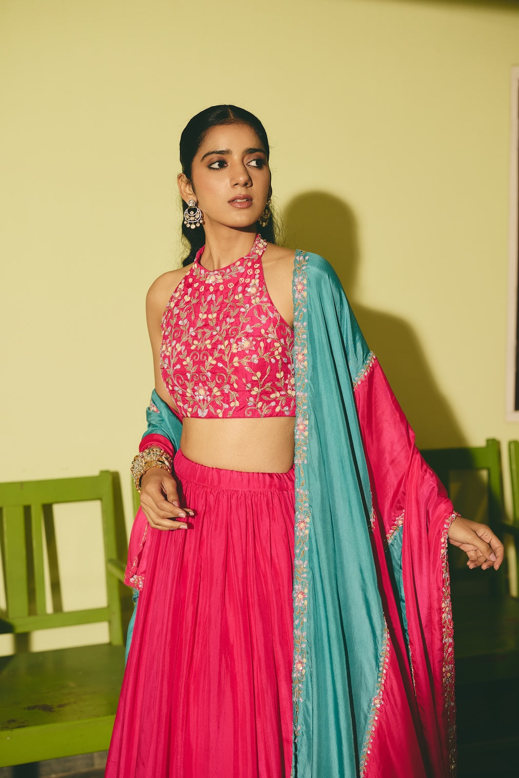 PHOOJHARI rani pink silk dupatta with floral motifs by Rashika Mittal - close-up detail