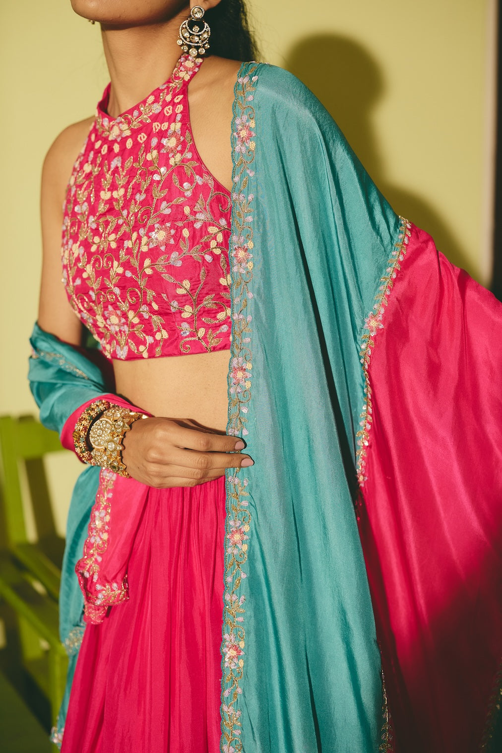 PHOOJHARI rani pink silk dupatta with floral motifs by Rashika Mittal - styled look