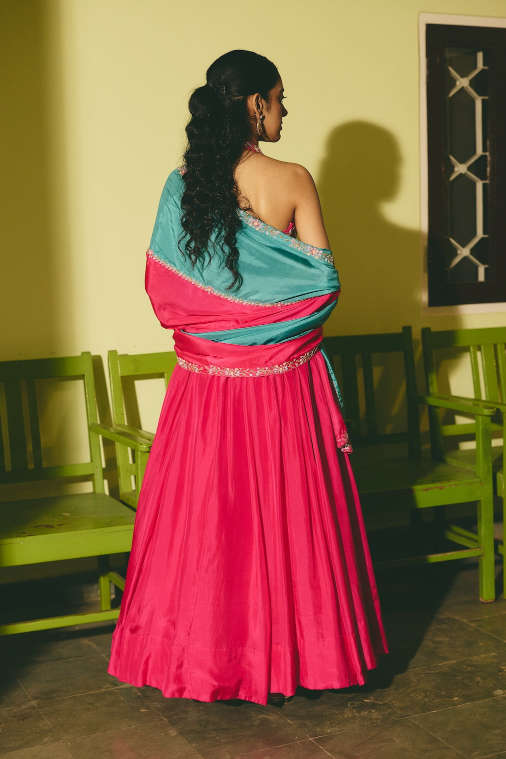 PHOOJHARI rani pink silk dupatta with floral motifs by Rashika Mittal - back view
