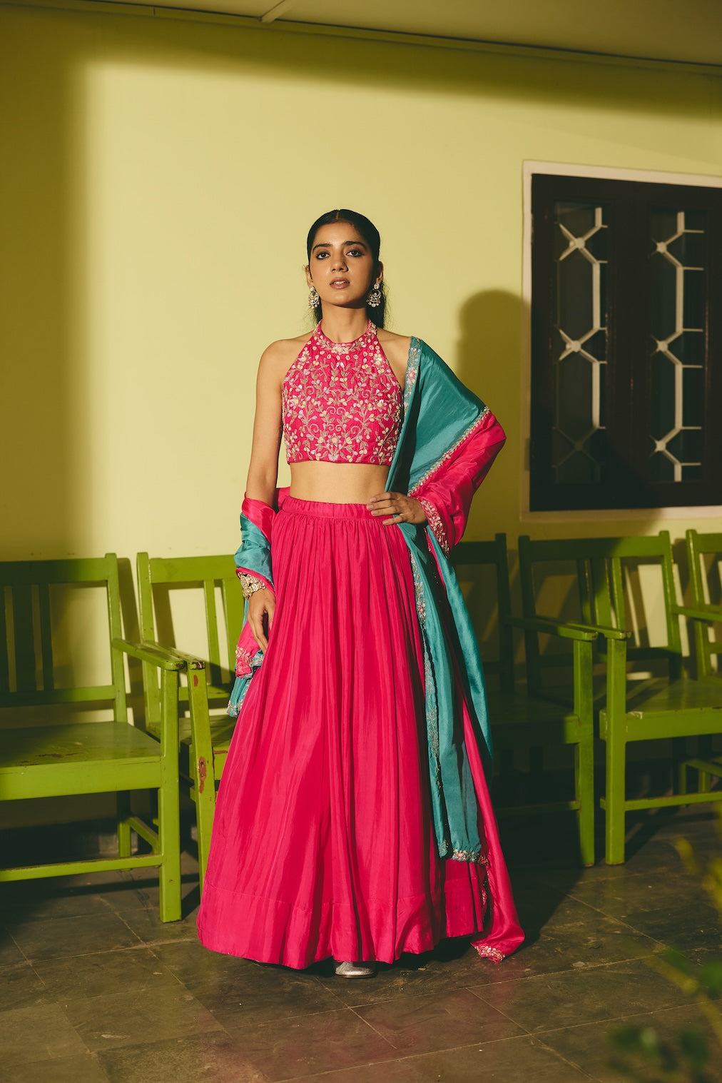 MEHERGUL & ABROO rani pink silk lehenga with floral motifs by Rashika Mittal - close-up detail