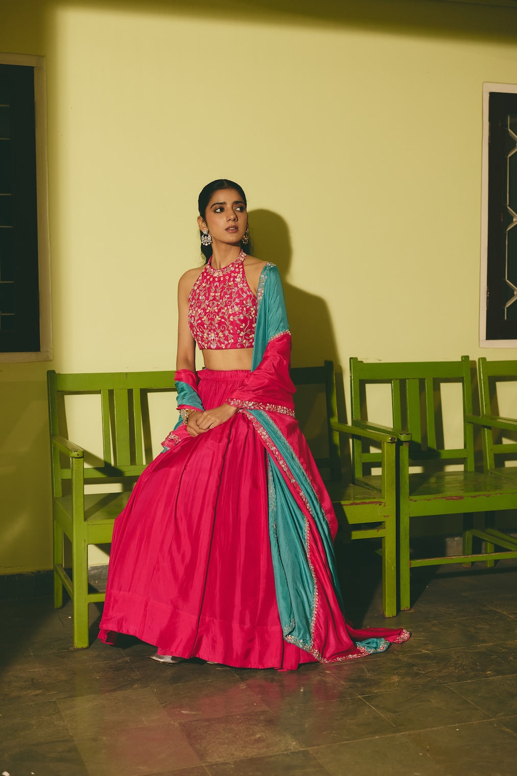 MEHERGUL & ABROO rani pink silk lehenga with floral motifs by Rashika Mittal - styled look