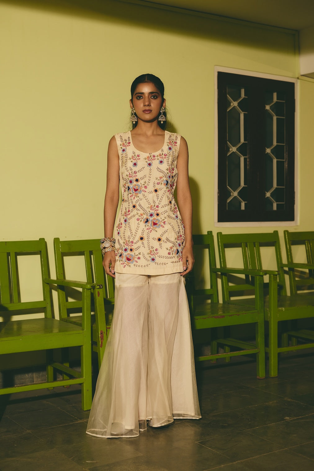 CHANBELI & BADLI ivory satin sharara set with floral motifs by Rashika Mittal - front view