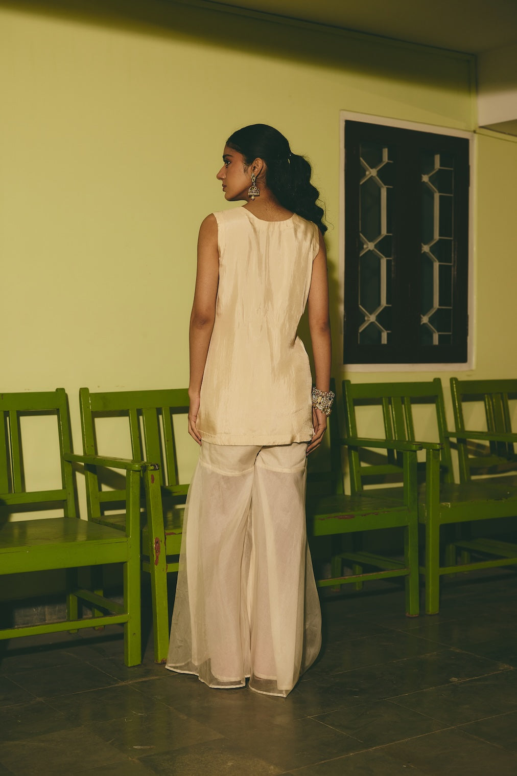 CHANBELI & BADLI ivory satin sharara set with floral motifs by Rashika Mittal - back view