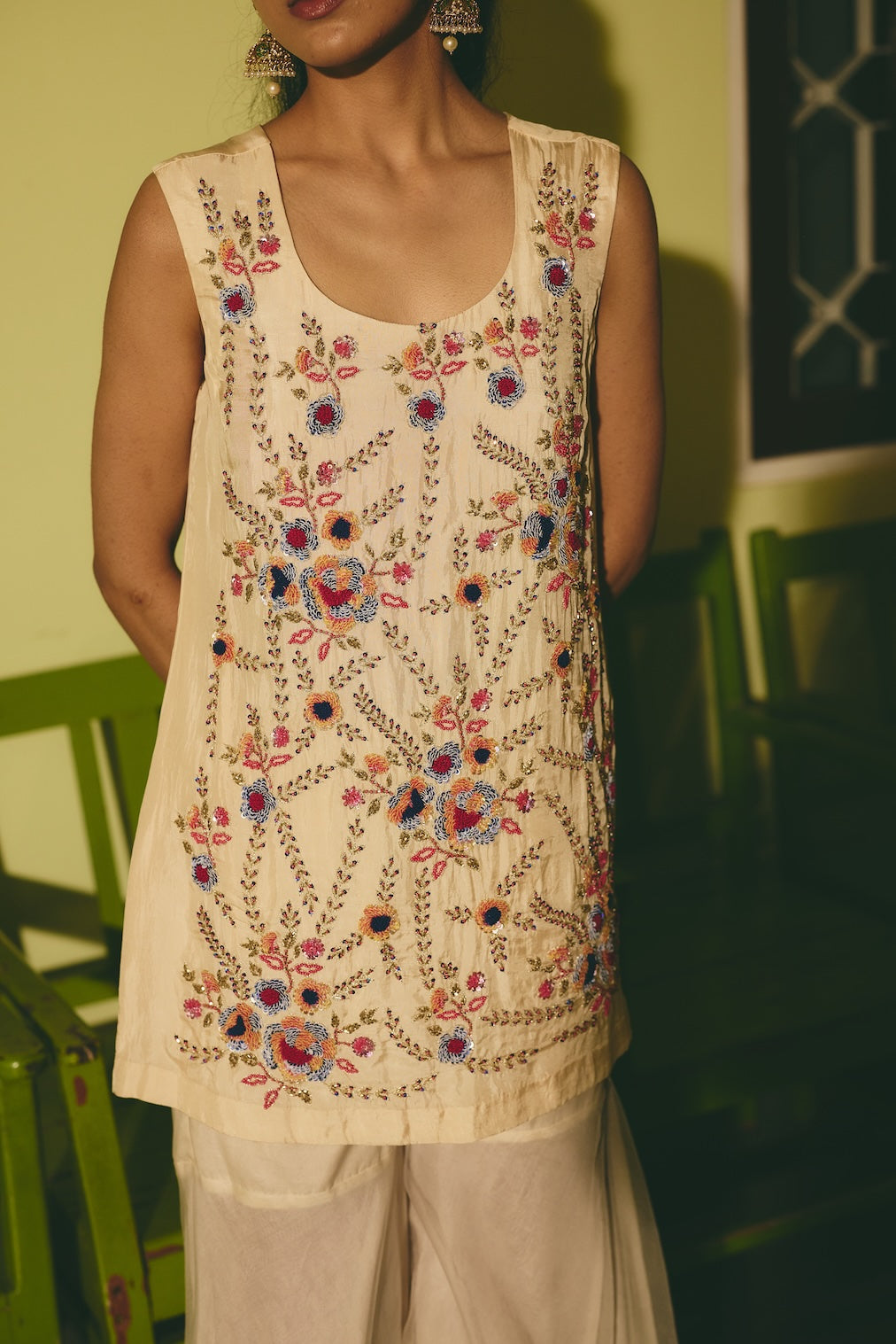 CHANBELI & BADLI ivory satin sharara set with floral motifs by Rashika Mittal - styled look