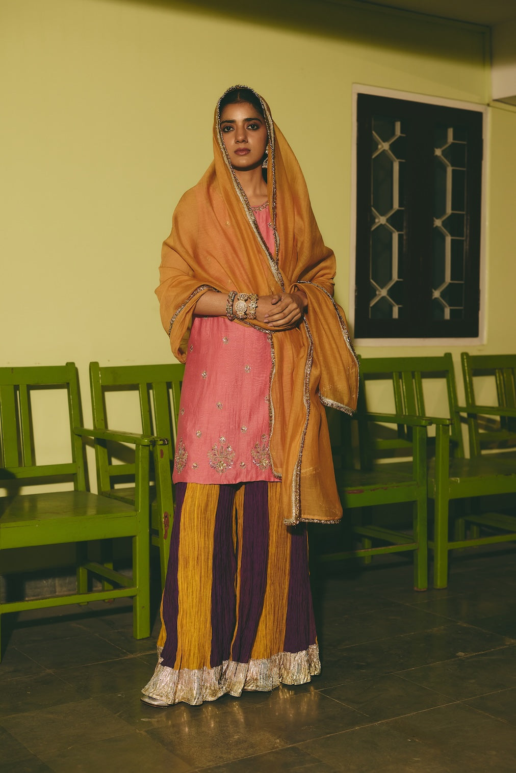 RIMZA ochre chanderi dupatta with nature motifs by Rashika Mittal - front view