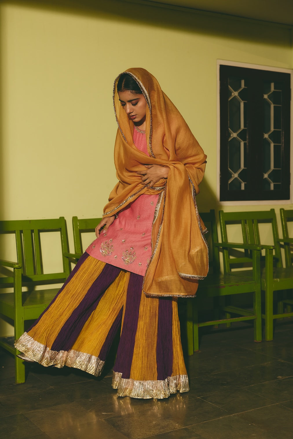 RIMZA ochre chanderi dupatta with nature motifs by Rashika Mittal - close-up detail