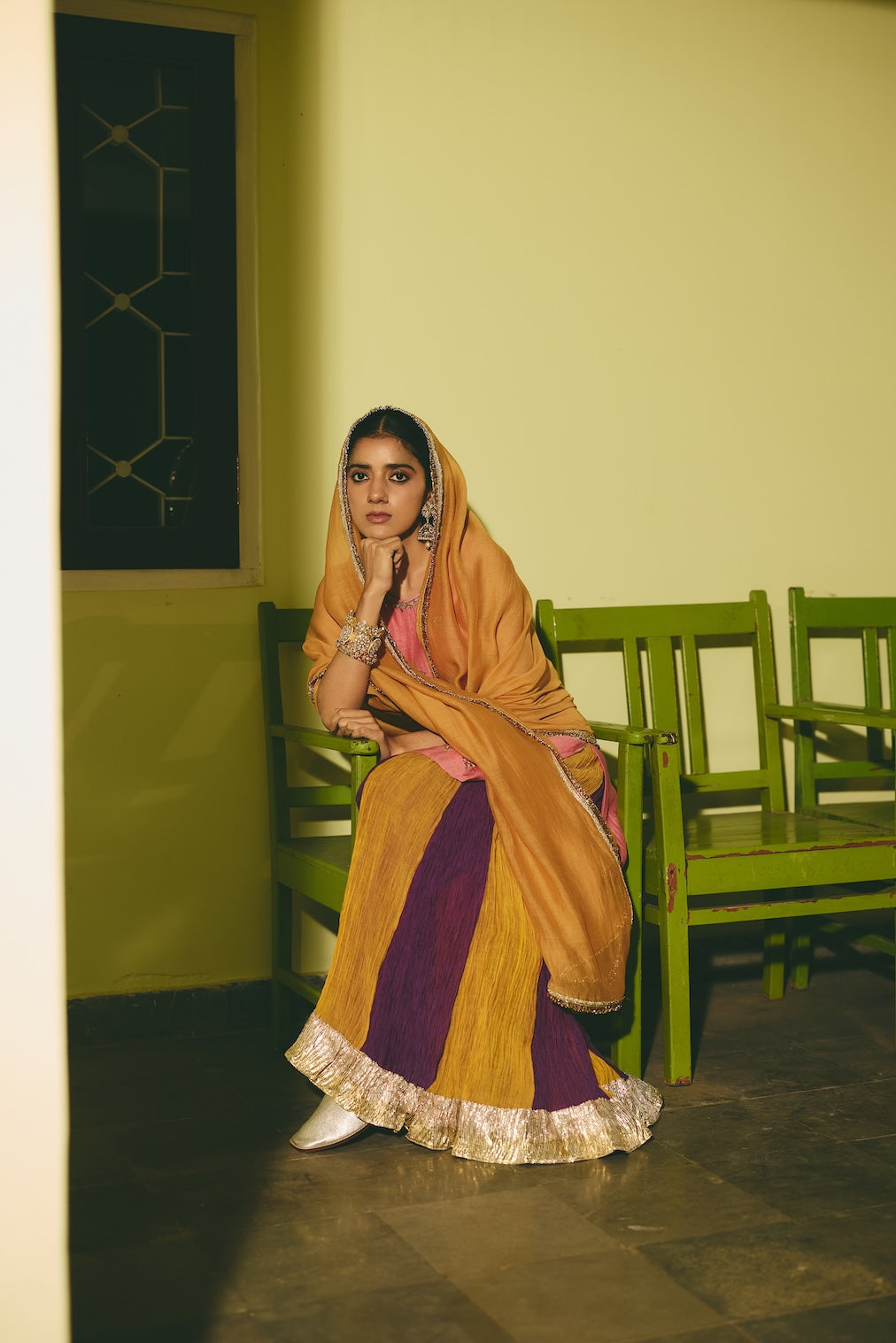 RIMZA ochre chanderi dupatta with nature motifs by Rashika Mittal - back view