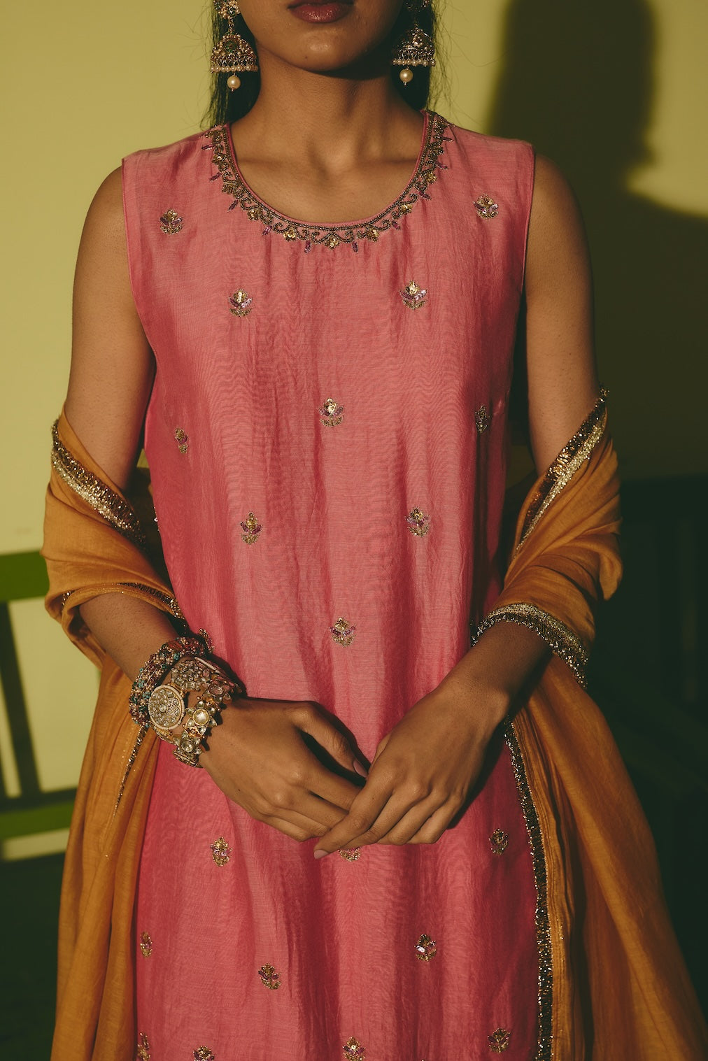 RIMZA ochre chanderi dupatta with nature motifs by Rashika Mittal - styled look