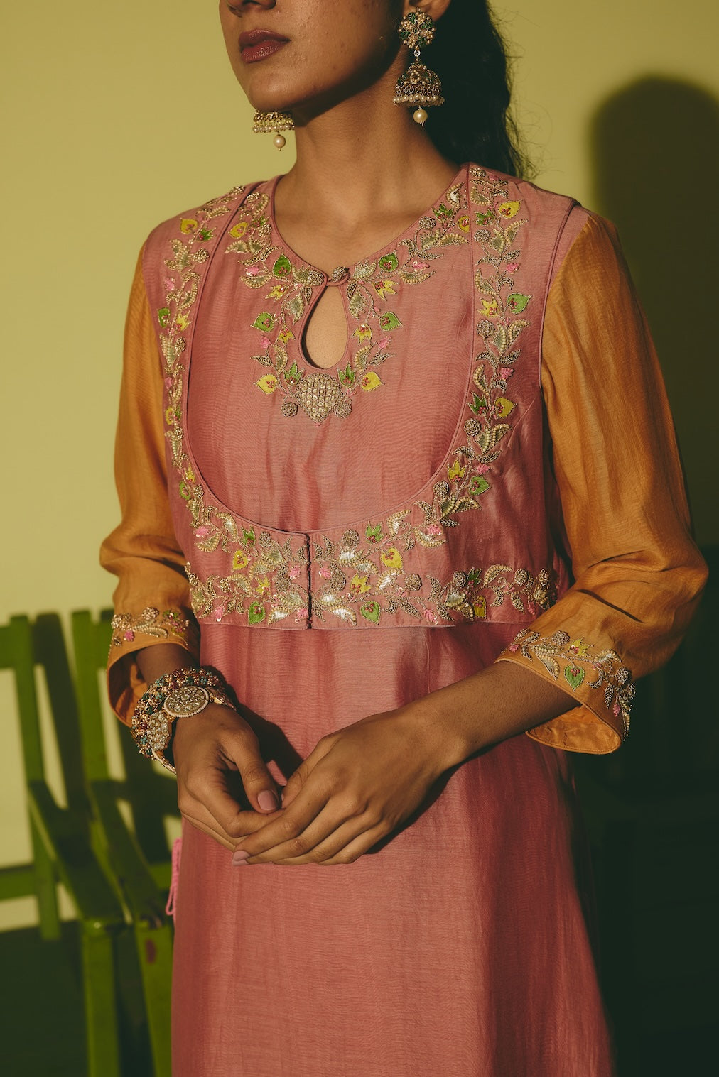 RUHANIYAT & AMBER terracotta chanderi kurta set with mughal motifs by Rashika Mittal - styled look