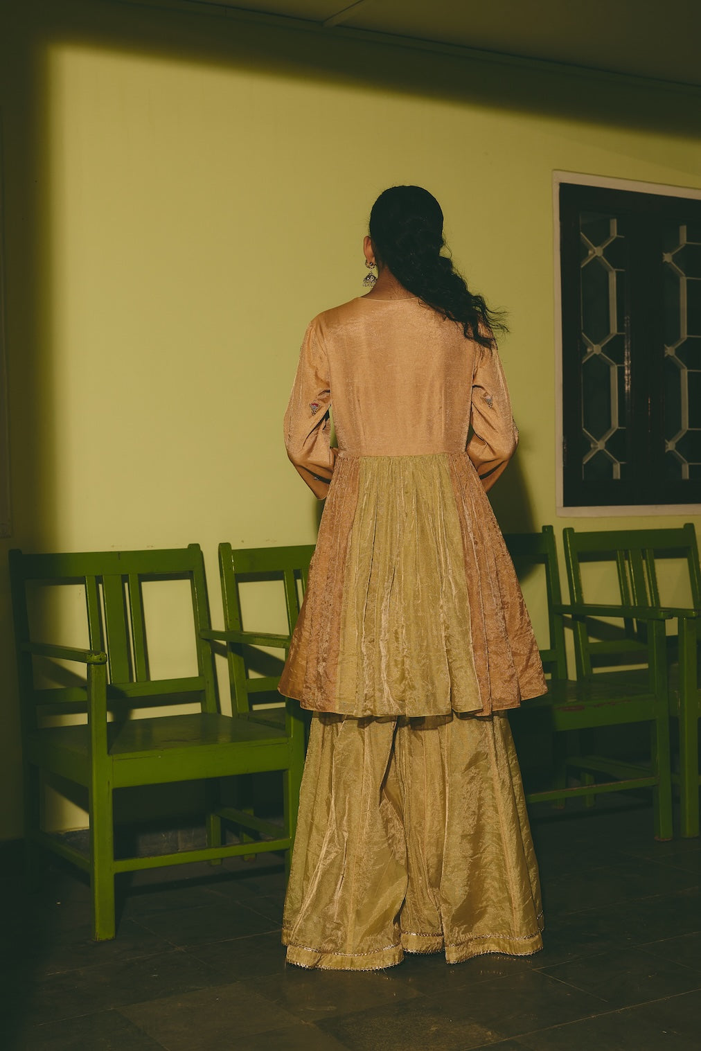 ANANYA & TAVISHI gold tissue sharara set with floral motifs by Rashika Mittal - styled look