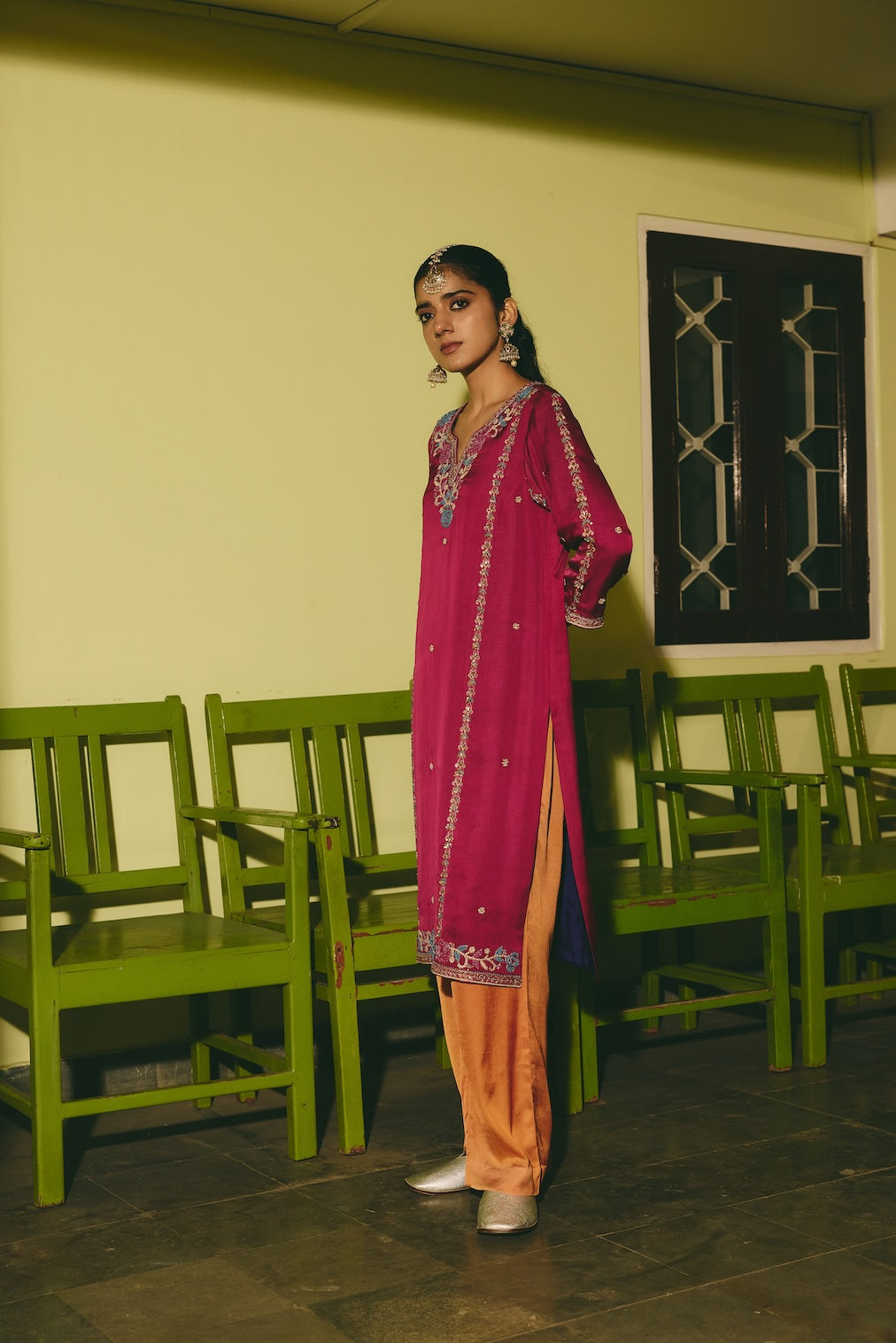 NAUREH & SUHAIL magenta satin kurta set with floral motifs by Rashika Mittal - close-up detail
