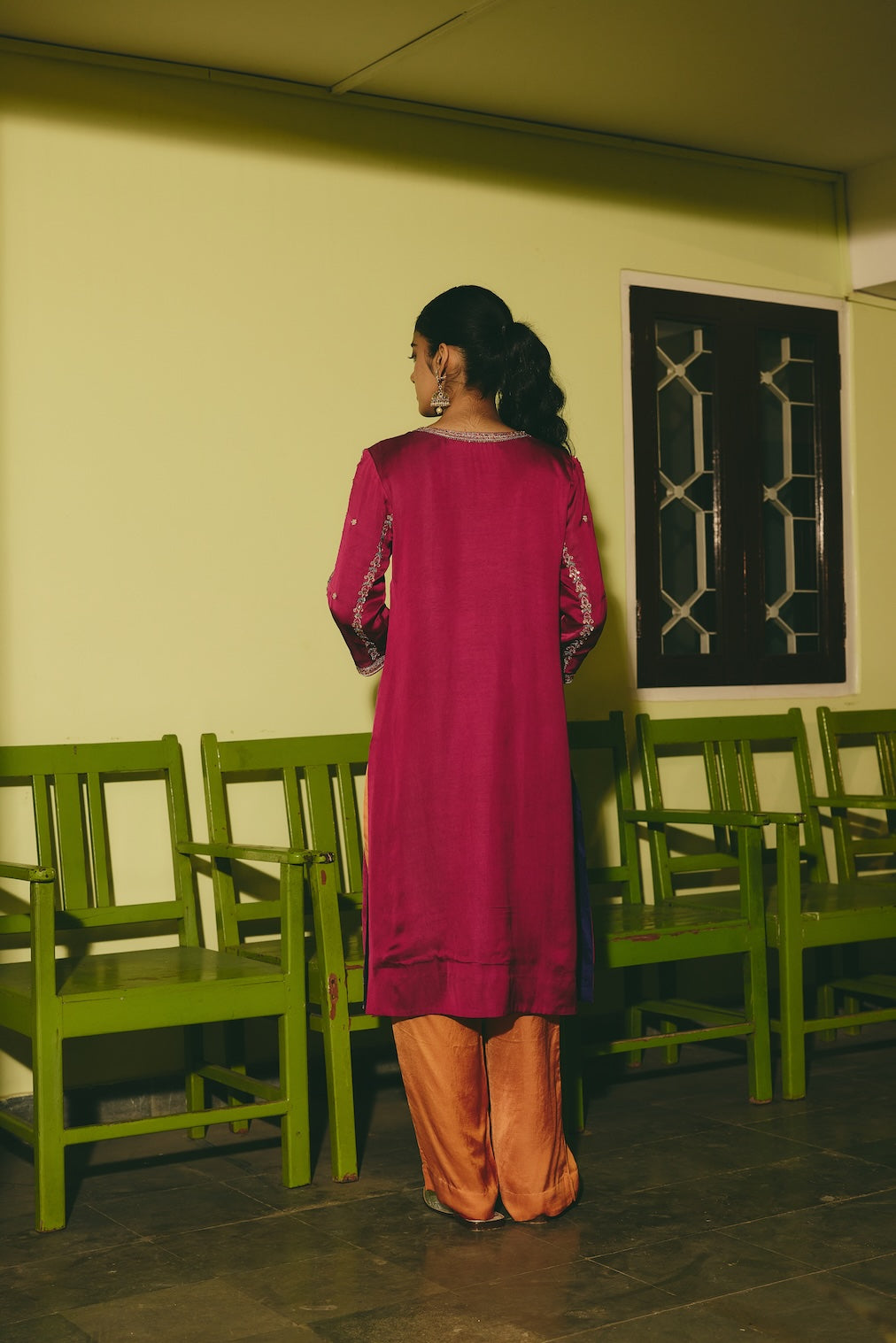 NAUREH & SUHAIL magenta satin kurta set with floral motifs by Rashika Mittal - styled look