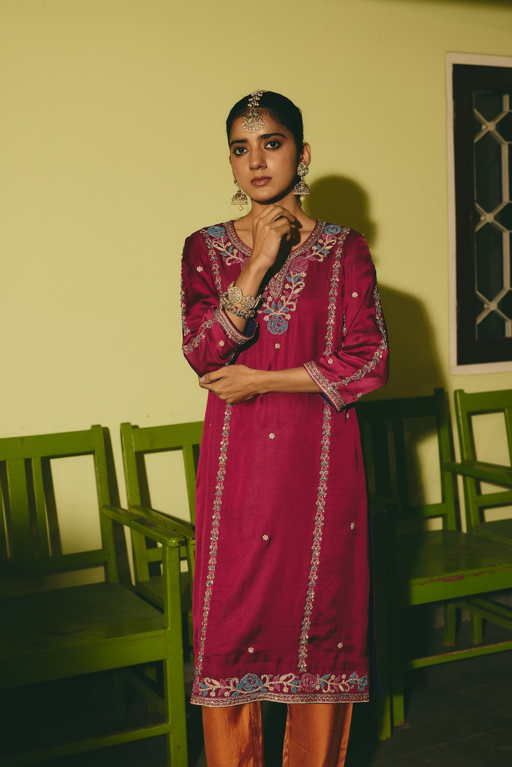 NAUREH & SUHAIL magenta satin kurta set with floral motifs by Rashika Mittal - fabric detail