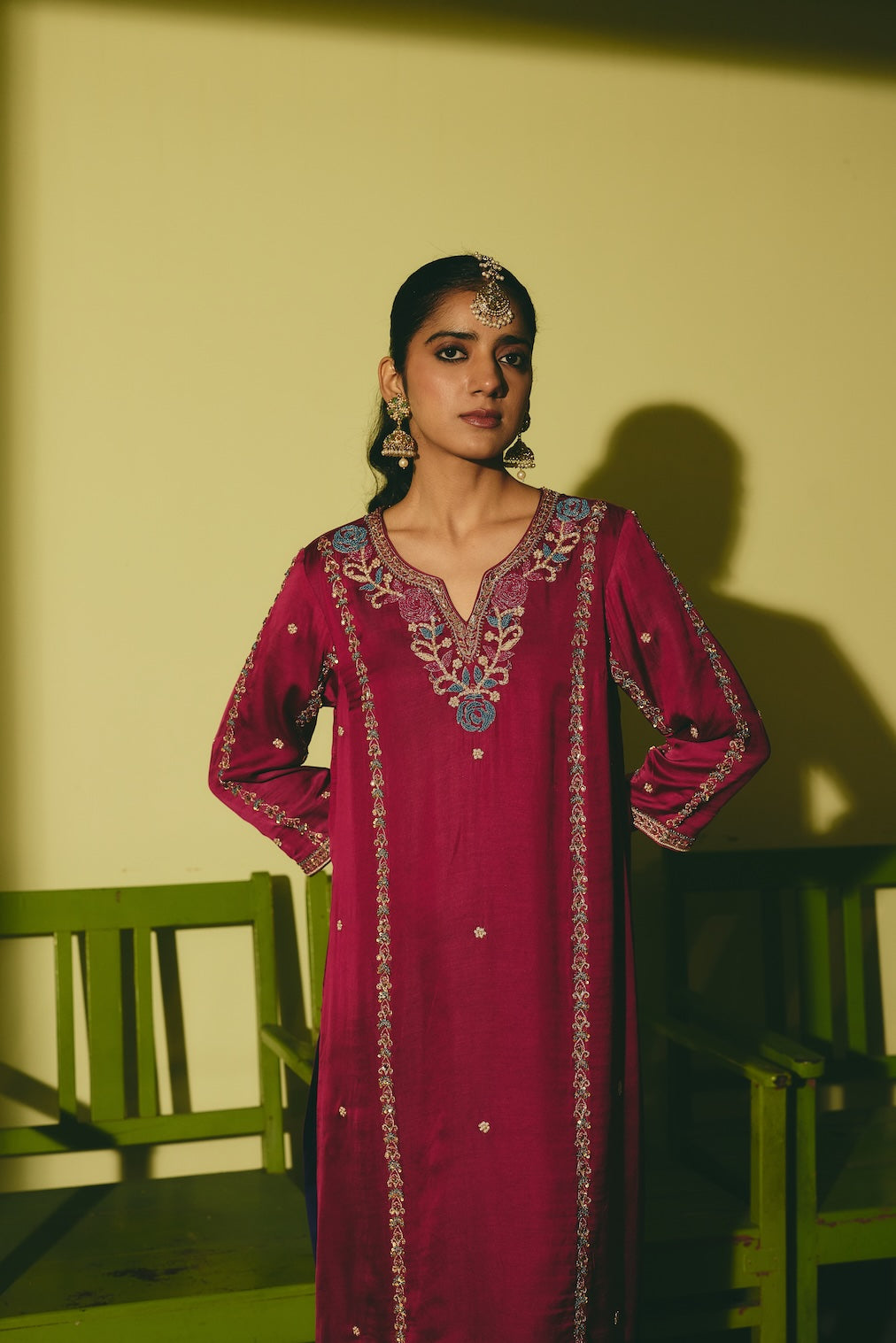 NAUREH & SUHAIL magenta satin kurta set with floral motifs by Rashika Mittal - back view